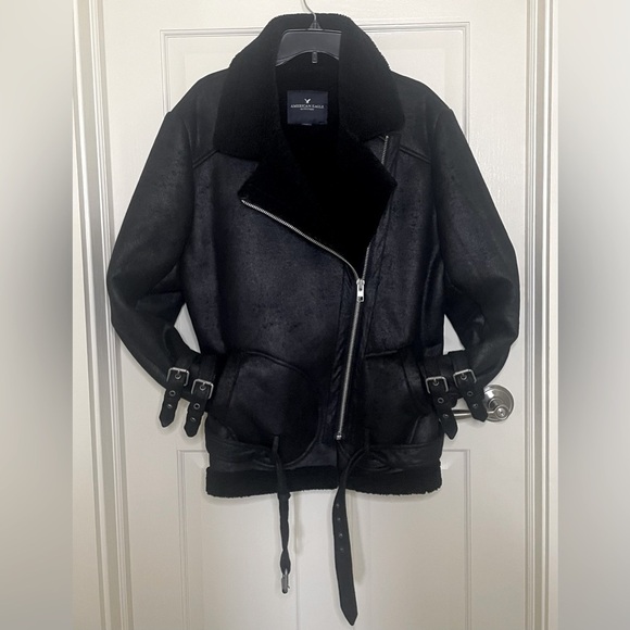 American Eagle Faux Suede Shearling Lined Distressed Moto Jacket,  Bl,  Sz XL - Picture 3 of 16